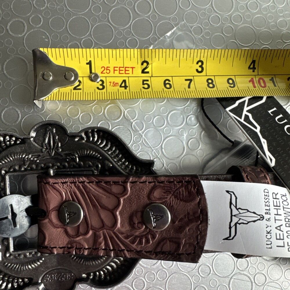 NWT Lucky & Blessed Turquoise Concho Tool Leather Belt - S Runs Bigger Dust Bag - Picture 10 of 14